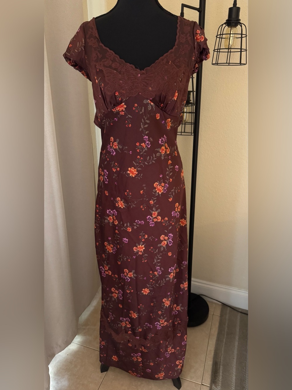 Free People Butterfly Babe Maxi Dress M Brown Floral Satin Open Back Cottagecore - Picture 2 of 9